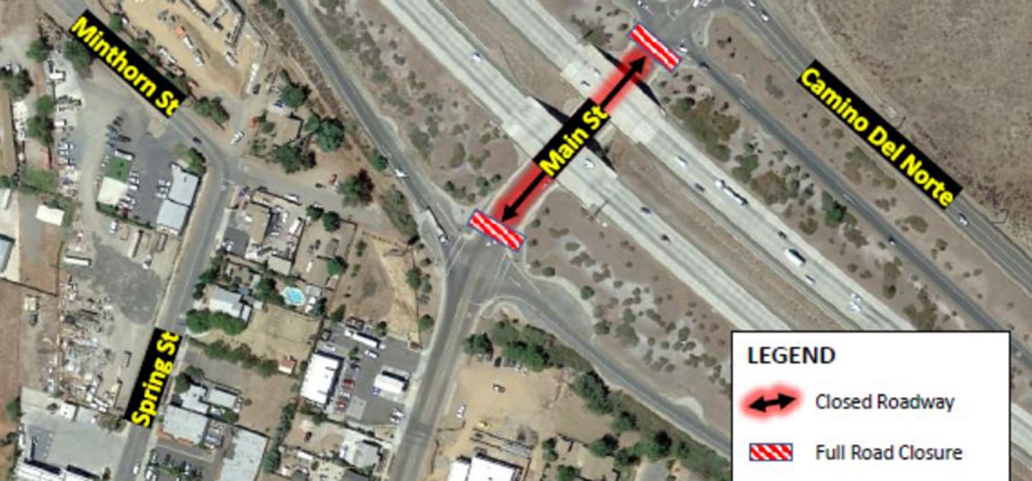 Aerial view of road closure on Main St. at the intersection with Camino Del Norte, with a map legend indicating full road closure. Nearby streets include Mithorn St. and Spring St.