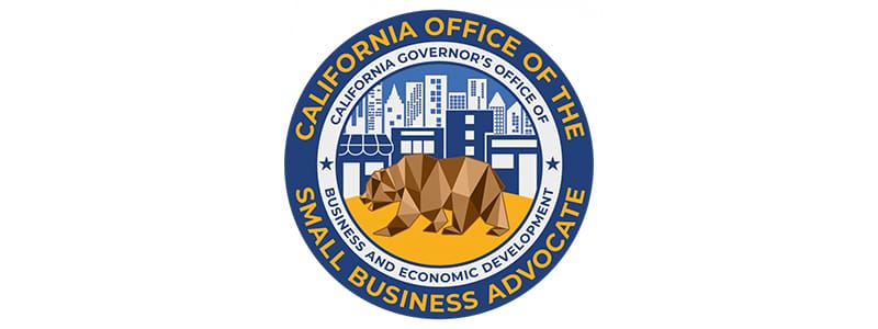 Seal of the California Office of the Small Business Advocate, featuring a bear and urban skyline within a circular design.