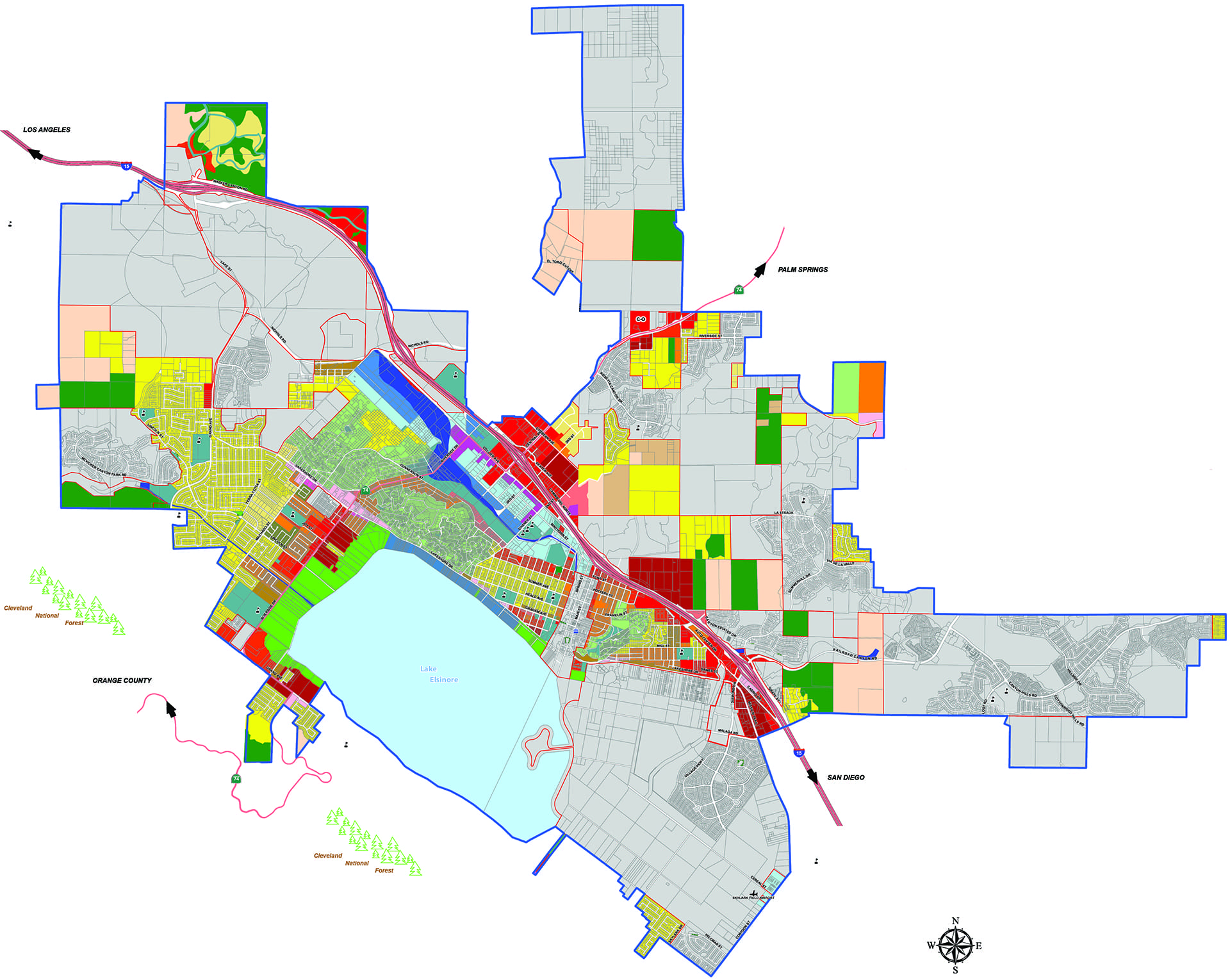 A detailed city zoning map with color-coded areas indicating different land uses, roads, water bodies, and municipal boundaries.