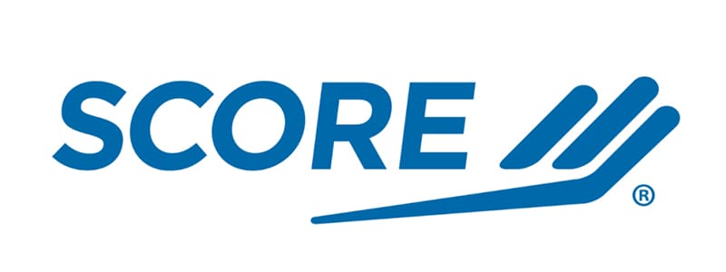 Blue SCORE logo with three stylized diagonal lines on the right.