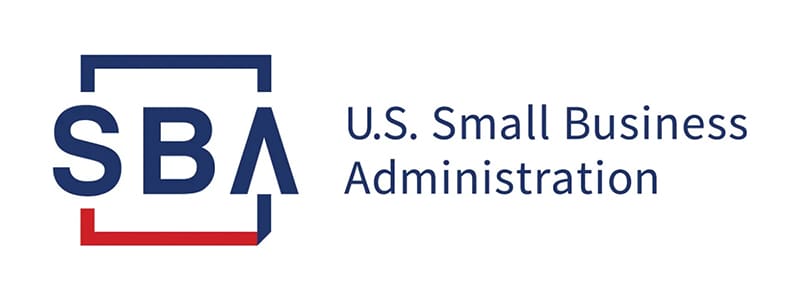 Logo of the U.S. Small Business Administration with SBA in bold blue text and red accents next to the full name in blue text.