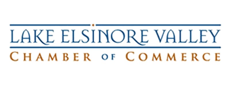 Logo of the Lake Elsinore Valley Chamber of Commerce with blue and gold text.