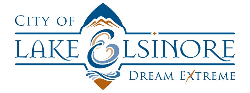 Logo of the City of Lake Elsinore with a design incorporating mountains, waves, and the slogan Dream Extreme.