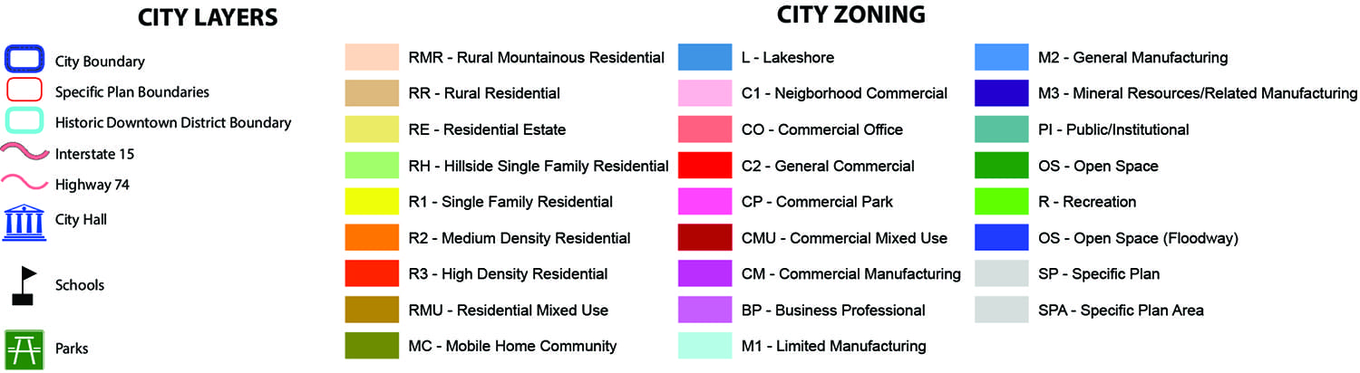 A legend showing city layers and zoning codes with corresponding colors. City layers include boundaries and landmarks, while zoning includes various residential, commercial, and special use areas.