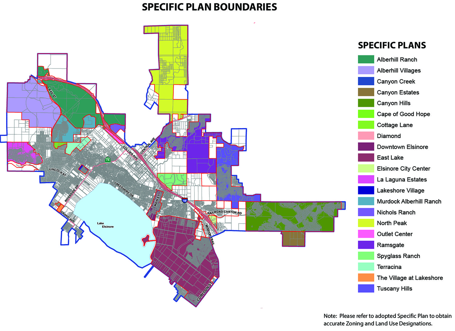 Map illustrating specific plan boundaries with color-coded areas, labeled as Alberhill Ranch, Canyon Creek, and others. A legend with corresponding colors is on the right.