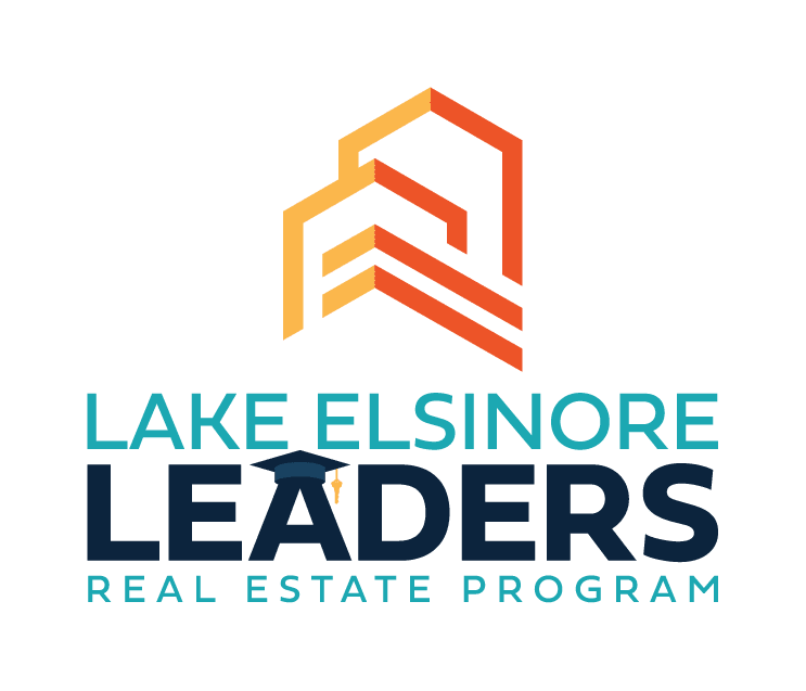 Logo for Lake Elsinore Leaders Real Estate Program, featuring abstract building design in orange and text in teal and navy blue.