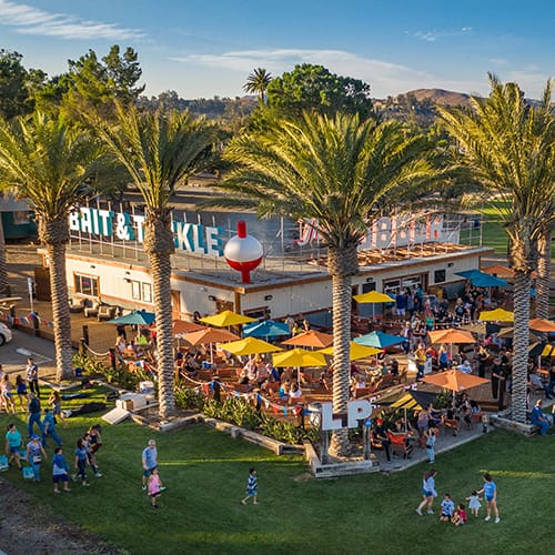 Aerial view of an outdoor gathering at a venue with palm trees, colorful umbrellas, and a sign reading Hit & Tickle.