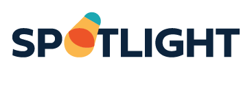 Logo with the word SPOTLIGHT in bold, dark blue letters. The letter O is stylized with overlapping yellow, orange, and teal shapes.