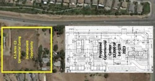 Aerial view showing a marked 4.5-acre lot labeled “Commercial Zoning Development Opportunity” next to a commercial building site plan and a residential neighborhood.
