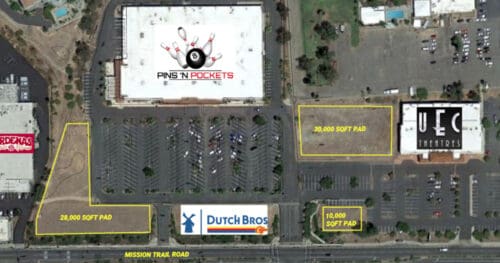 Aerial view of a shopping center showing labeled buildings and three vacant pads: 28,000 SQFT, 30,000 SQFT, and 10,000 SQFT, along Mission Trail Road.
