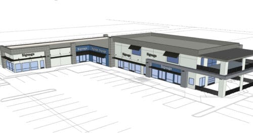 Architectural rendering of a modern two-story commercial shopping center with multiple storefronts labeled Signage and an adjacent parking lot.