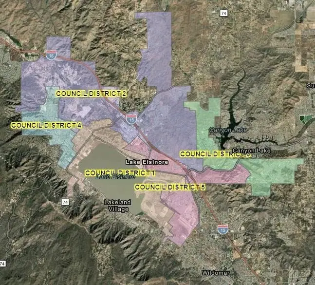 Map of Lake Elsinore with council districts highlighted.