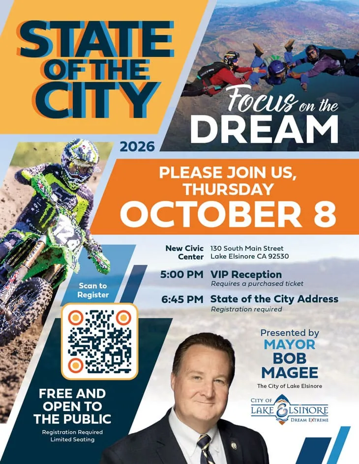 Lake Elsinore State of the City event flyer with mayor and skydivers.